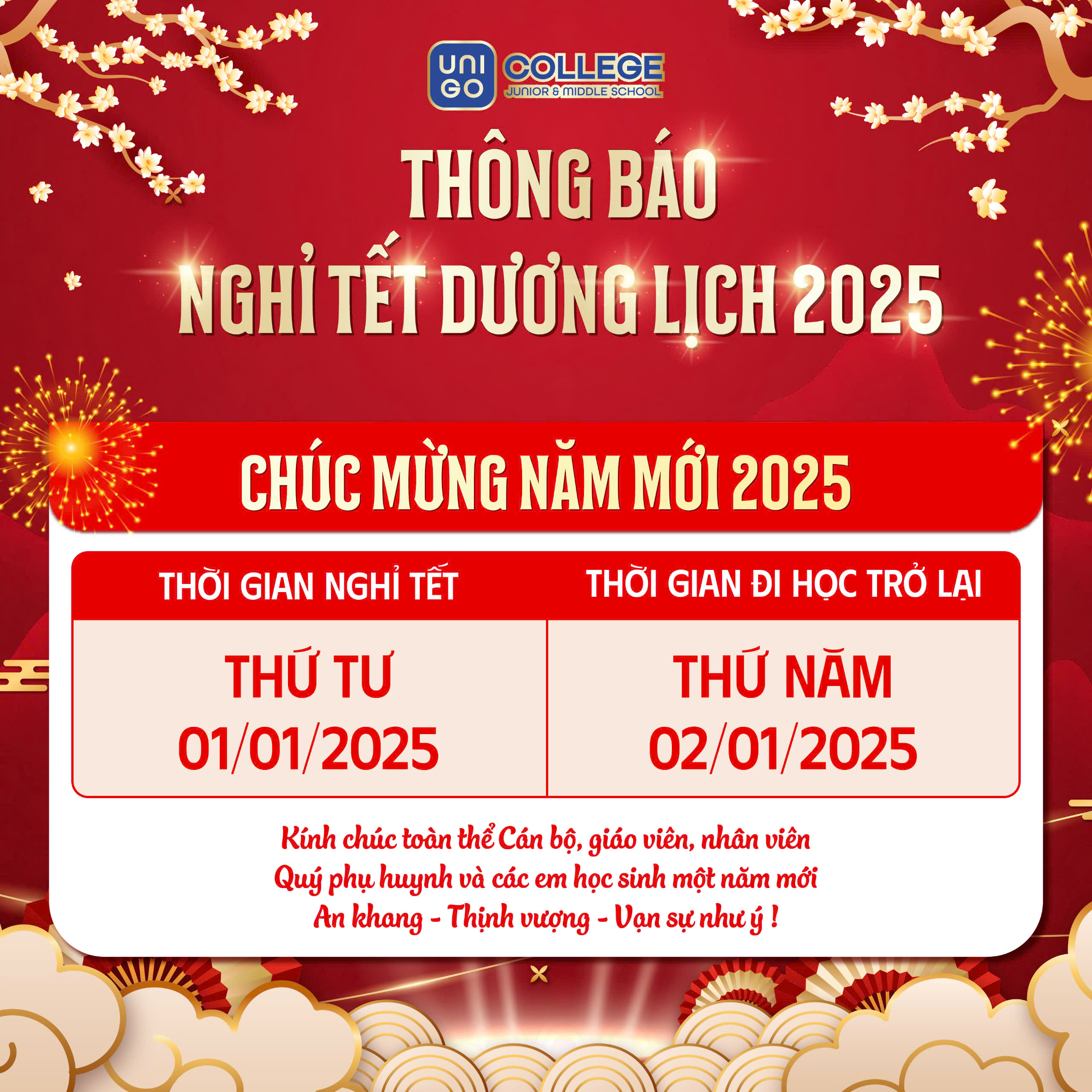  THÔNG BÁO NGHỈ TẾT DƯƠNG LỊCH 2025 